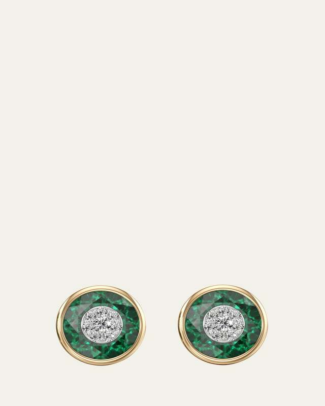 One Collection 10mm Round Fusion Emerald Bezel Stud Earrings in 18K Yellow Gold with Diamonds